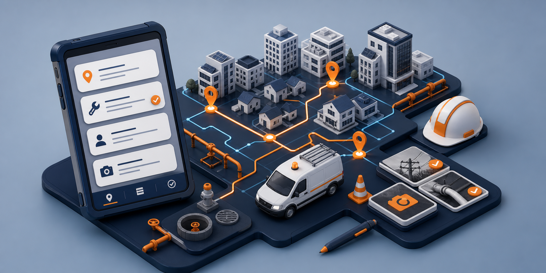 Mobil iş emri, rota, saha aracı ve kanıtlı kapanışı gösteren FOM görselleştirmesi